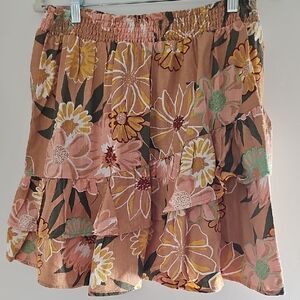 Roxy Floral Tiered Mini Skirt - Pink, Brown, Yellow